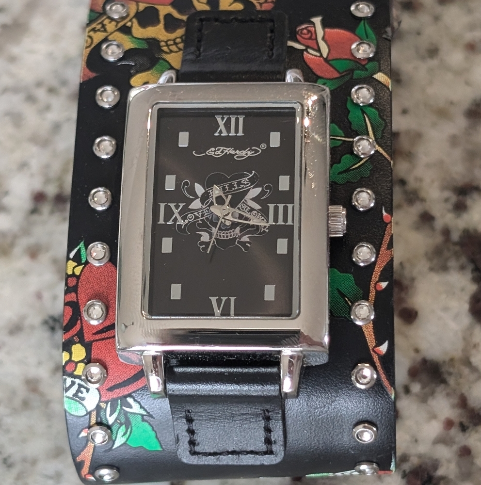 Ed Hardy Unisex Leather Cuff Skull Watch